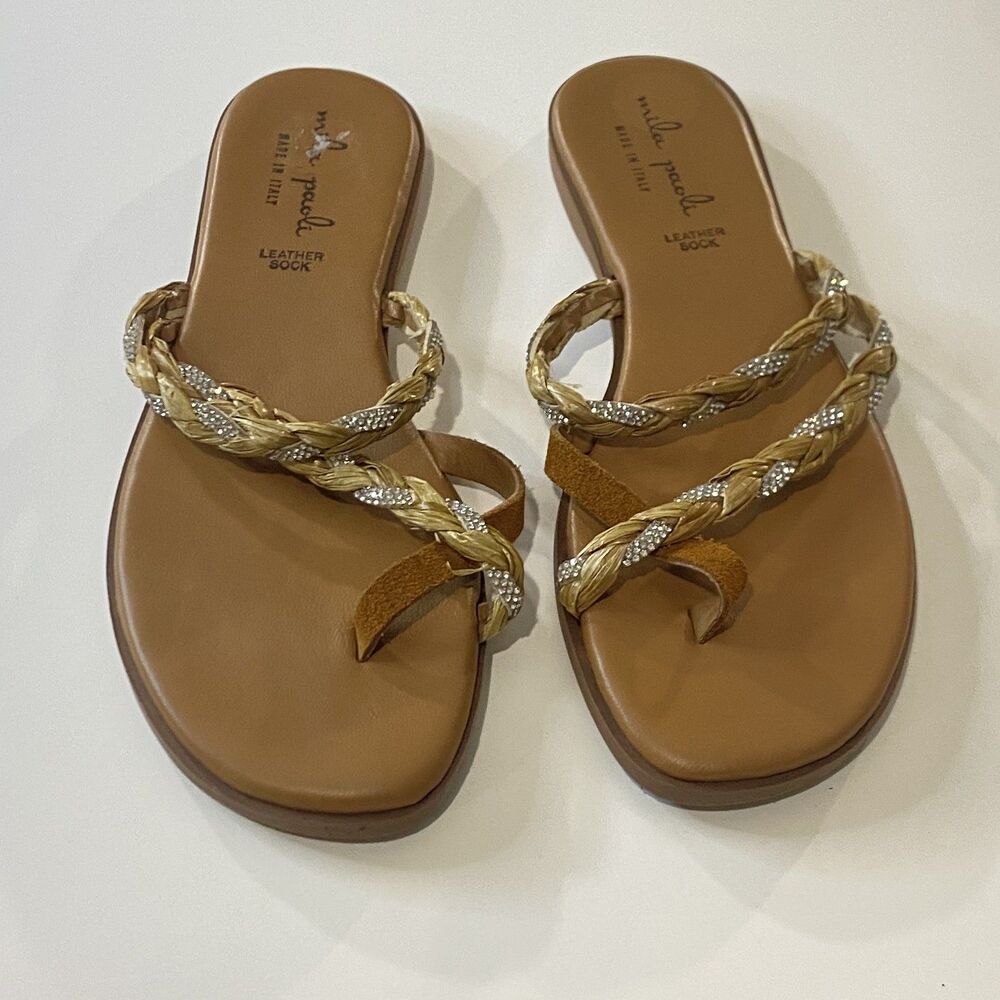 Mila Paoli size 7 M rafia and rhinestones braided strap toe loop sandals Summer